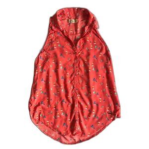 Hollister Shirt Sz XS Sleeveless Collared Tank Sailboats Palm Trees Orange HCO